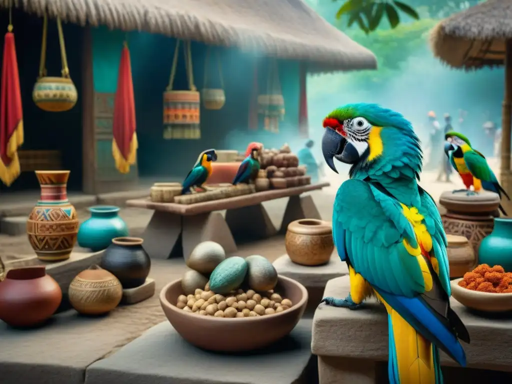 Vívida escena de mercado maya con animales en el comercio, comerciantes y fauna exótica en intercambio cultural