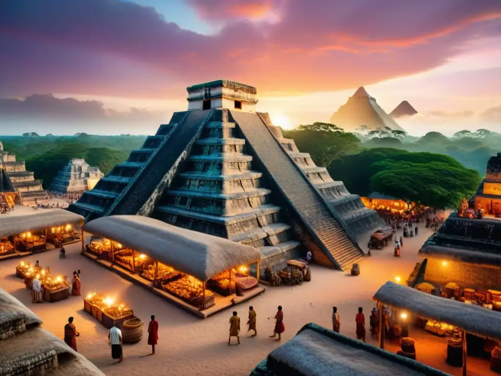 Vívido mercado maya: intercambio cacao, obsidiana y textiles en ciudad con pirámides al atardecer