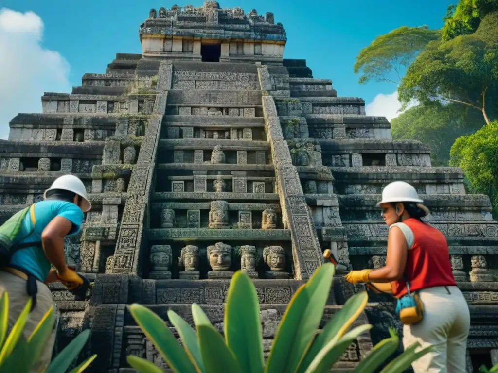 Voluntarios restauran detalladas esculturas mayas en templo de piedra, destacando conservación sitios mayas voluntariado