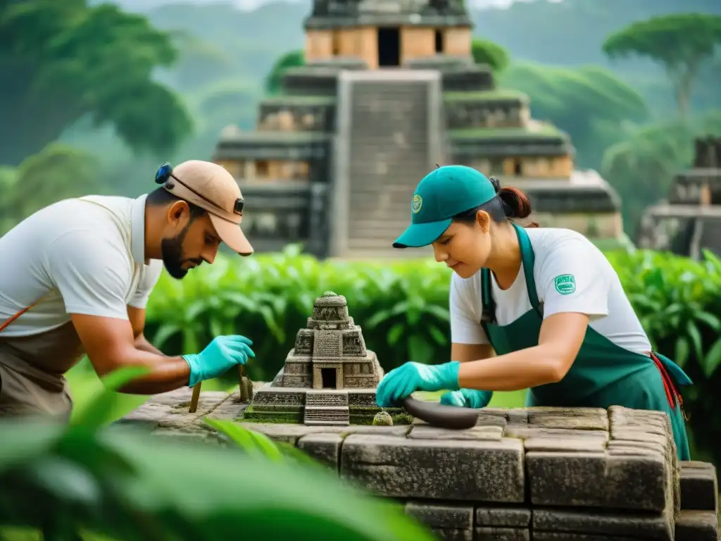 Voluntarios conservando sitios mayas, cuidadosamente restaurando ruinas antiguas con expertos arqueólogos