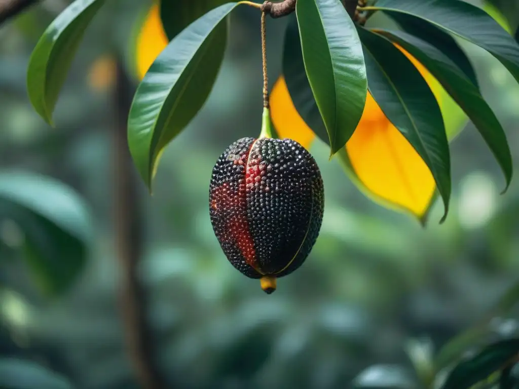 Un zapote negro maduro cuelga de un árbol en la frondosa selva maya, resplandeciendo bajo la luz del sol