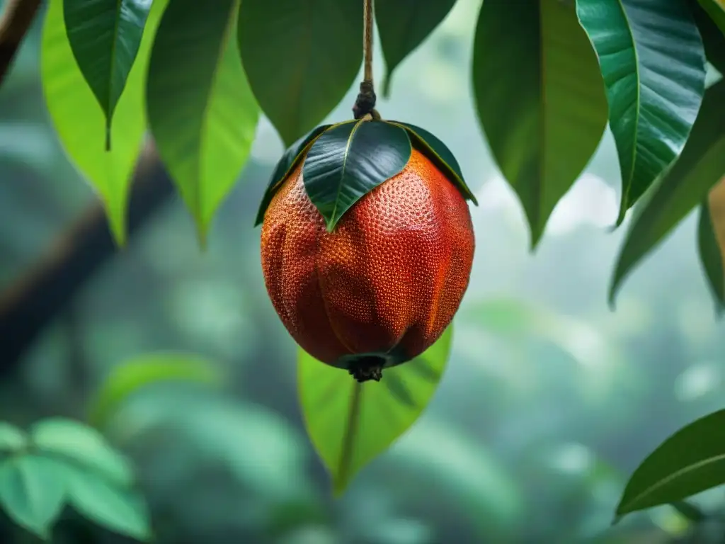 Un zapote negro maduro cuelga de un árbol en la exuberante Selva Maya, resaltando su textura y sabor